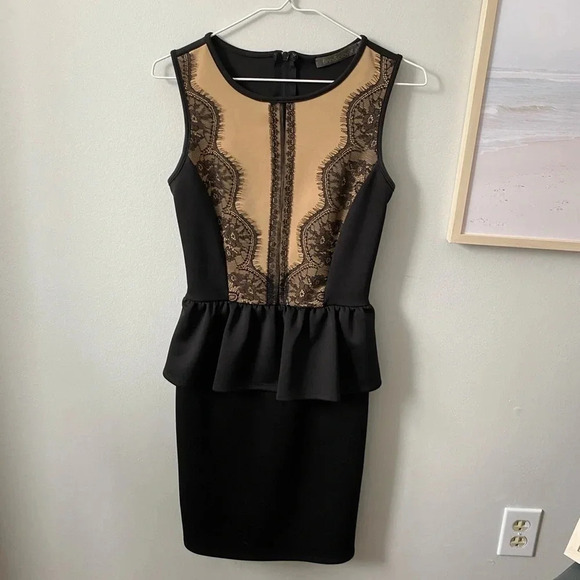 Beautiful Black/Tan Lace Peplum Cocktail Dress - Picture 3 of 10